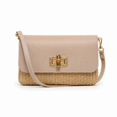 GF0605 LEATHER BAMBOO CLASP & RAFFIA CROSSBODY BAG
